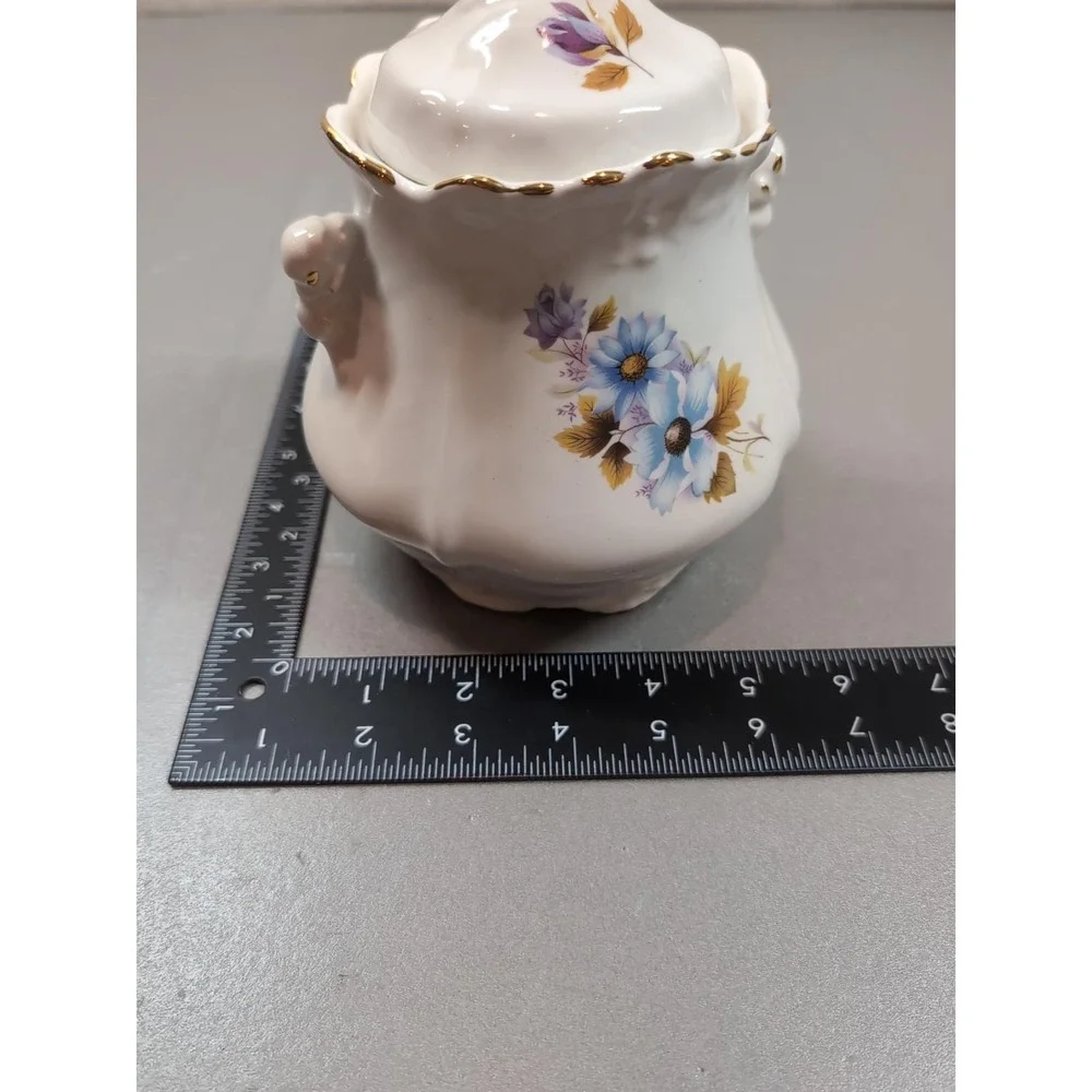 Vintage Porcelain Covered Sugar Bowl Floral Blue Purple Gold Trim Scalloped Edge